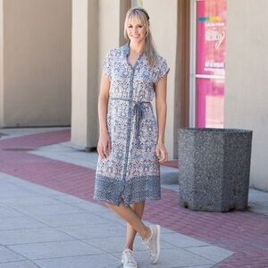 Lucky Brand Button Up Belted Blue Patterned Midi Dress
